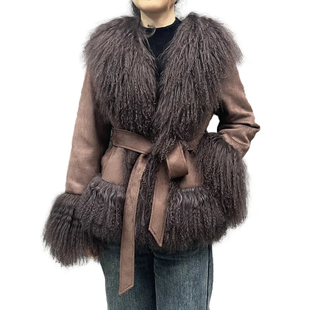 Women Suede Fabric Jacket Mongolian Fur Cuff and Collar Fancy Jackets