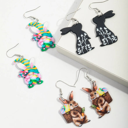Popular New Cute Flowers Colorful Dwarf Rabbit Ears Cartoon Bamboo Basket Carrot Egg Easter Gift Acrylic Drop Earrings Jewelry