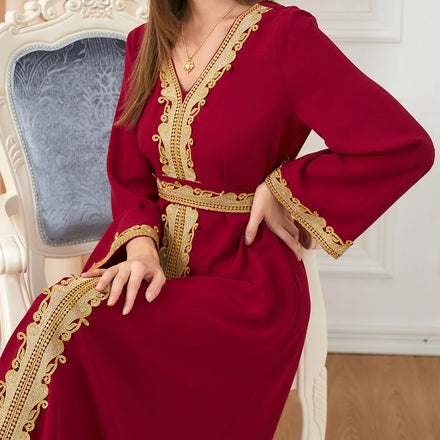 M-XXL Muslim Women's Solid Color Patchwork Loose Embroidered Long Skirt Dress V-neck Long Sleeved Muslim Robe