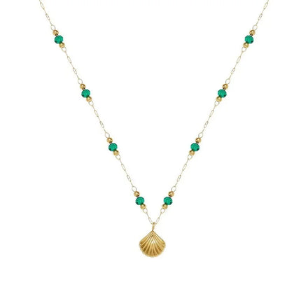 New Charm French Retro Waterproof 18K Gold Plated Stainless Steel Necklace Fashion Green Beads Shell Pendant Necklace for Women