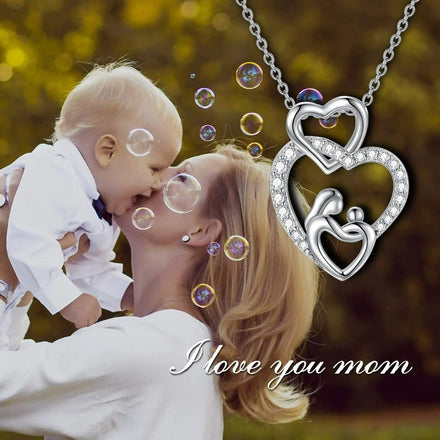 CAOSHI Elegant Mother Hug Pattern Heart Design Necklace Silver Plated Imitated Diamond Jewelry for Mother's Day Pendant Necklace