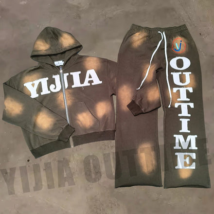 YJ Streetwear Custom Applique Embroidery Patched Tracksuits Sets Vintage Washed Zip up Hoodie Two Piece Sets Sweatsuits Men