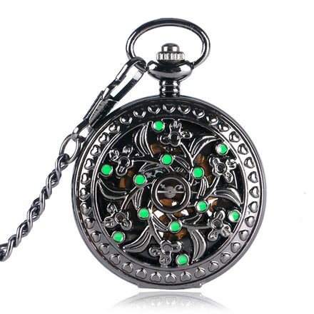 Vintage Flower Green Dots Hollow Manual Mechanical Pocket Watch Black Hunter Steampunk Fob Watch with Chain for Men Gift