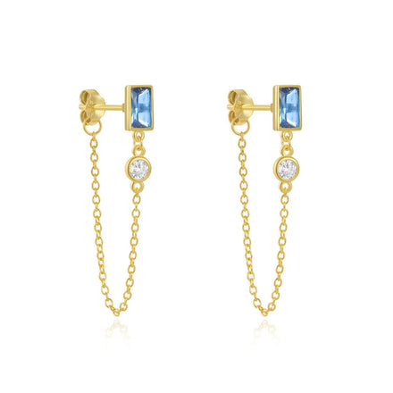 Fashion Earrings Jewelry 925 Sterling Silver square Rectangle Blue Zircon Tassel Chain Gold Plated Stud Earrings for Women