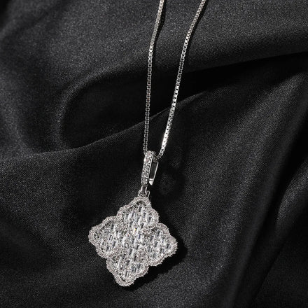 Unisex Gold Plated Flower-Shaped Four Leaf Clover Pendant Necklace Iced out Hip Hop Style with Rhodium Rope Chain
