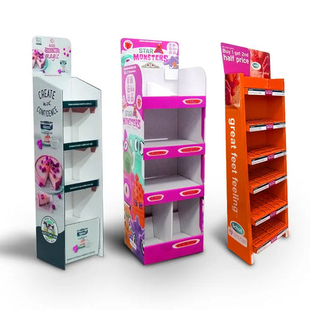 Custom Corrugated Cardboard Snack Display Stand Paper Floor Pallet Chips Rack Supermarket Advertising Shelf for Retail Store Use