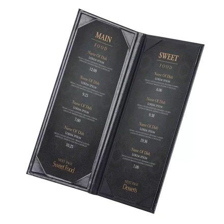 Black Menu Covers Waterproof Restaurant Cafe Bar PU Leather 2 View Fold Menu Book with Angled Corners for Cafes List Covers Set
