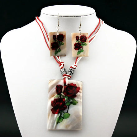 Original Design Rectangle Shell Pendant Necklace Earrings Women Statement Painted Red Rose Flower Plate Necklace Earrings Set
