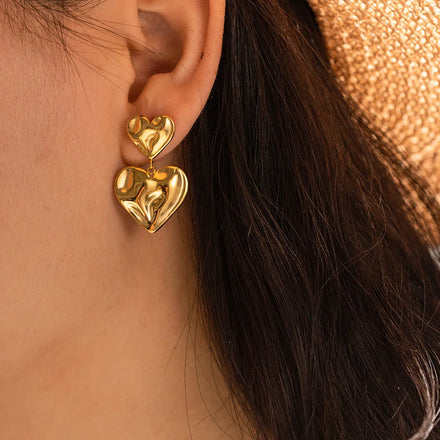 New Style Trendy 18K Gold Plated Stainless Steel Jewelry Gift Texture Double Heart Drop Earrings for Women