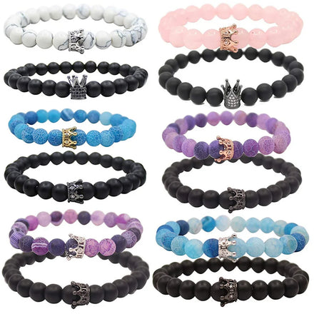 2pcs Set Elastic Stretch 8mm Pearl Stone Bead Fashionable King Queen Crown Parties Distance His Her Friendship Couple Beads