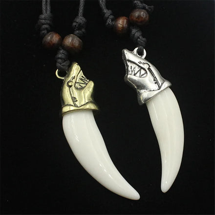 Fashion Wax Rope Wooden Beads Sweater Chain Necklace New Design Punk Gold Silver Shark Head Wolf Tooth Necklace for Women Men