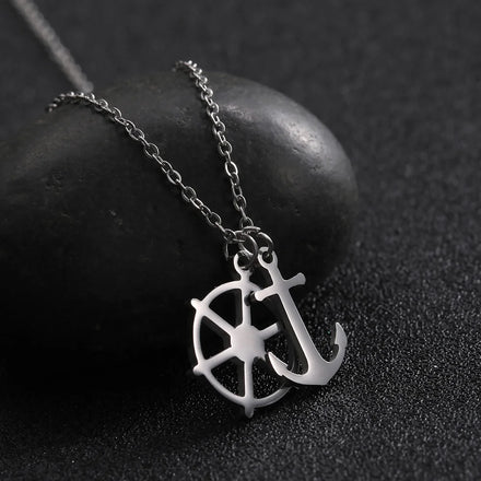 Unique Design Rudder and Anchor Double Pendant Necklace for Men Women High Quality Stainless Steel Retro Pirate Jewelry
