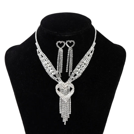 Bridal Accessorize Sparkle Love Tassel Necklace Earrings Set Rhinestones Jewelry Set for Women
