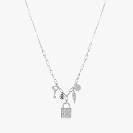 Pure 925 Sterling Silver Fashion Charm Necklace for Women Key Lock Geometric Pendant Necklace Wedding Engagement Jewelry