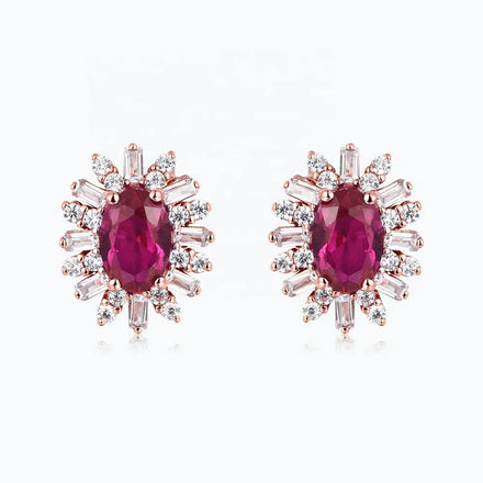 Elegant Oval Ruby Synthetic Corundum Earrings 925 Silver Synthetic Zircon Halo Women Earrings