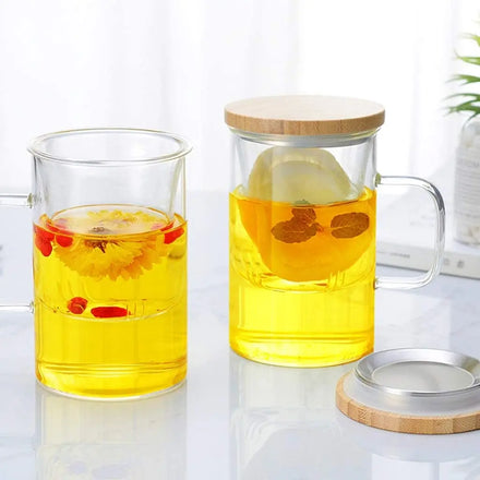 Luxury 12oz (350ml) Eco-Friendly Stocked Coffee Tea Set Borosilicate Glass Mug & Tumbler Set with Bamboo Lid