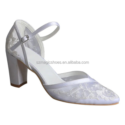 Customized Embroidery White Wedding Shoes for Ladies Block Heel