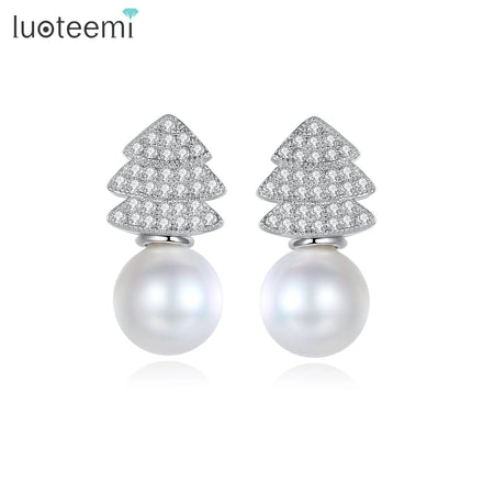 LUOTEEMI New Earing Korean Jewelry Lady Fashion Designer Cute Woman Small Zircon Stud Pearl Christmas Tree Earrings