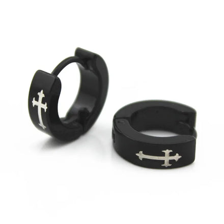 Hot Selling Men's Black Stainless Steel Earrings High Quality Laser Engravable Religious Cross Huggie Hoop Earrings for Boys