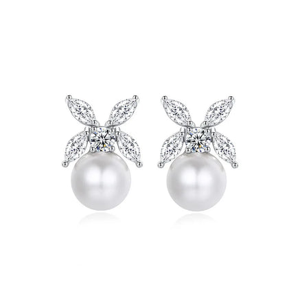 SLBRIDAL Trendy Sparkling CZ Crystal Flower Pearls Women Girls Fashion Earring Cubic Zircon Stud Earring Bridal Wedding Earring