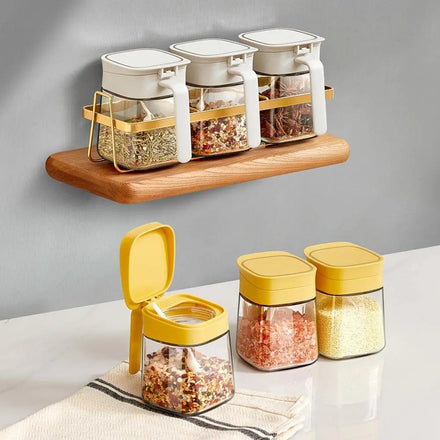 Kitchen Supplies Salt Sugar Pepper Spice Storage Containers Glass Seasoning Box With Spoons and Base
