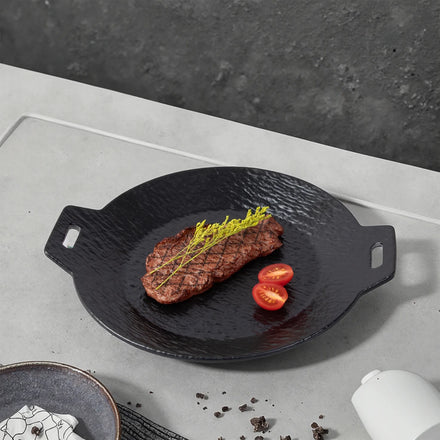 Wholesale Novelty Eco-Friendly Melamine Round Dinner Plate with Handle Black Stone Pattern for Hotels & Home Use