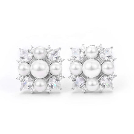 Luxurious White Cubic Zirconia Earrings 925 Silver Rhodium Plated Pearl Earrings