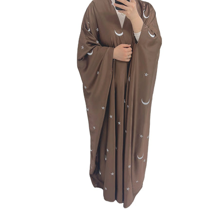 Dubai Arab Moon Star Embroidered Oversize Satin Open Abaya Dress for Women Ladies Cardigan Robe Plus Size