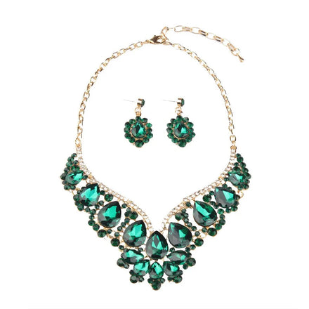Gold Plated Crystal Rhinestone Glass Necklace and Earrings Set Exaggerated Wedding Party Jewelry Accessories