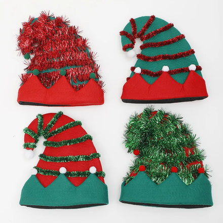 Hot Selling Led Christmas Elf Hat Tinsel Pom Pom Santa Helper Hat for Adults Kids Holiday Party
