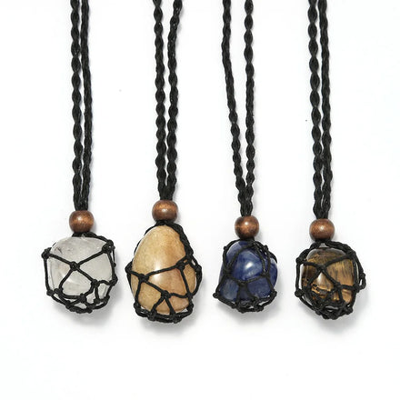 Handmade Natural Polished Tumble Stone Black Net Woven Necklace Exchangeable Wax Rope Net Raw Crystal Stone Holder Necklace