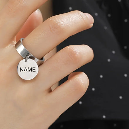 Women's Jewelry Custom Stainless Steel Gold Color Minimalist Ring With Disc Round Pendant Finger Sigent Rings
