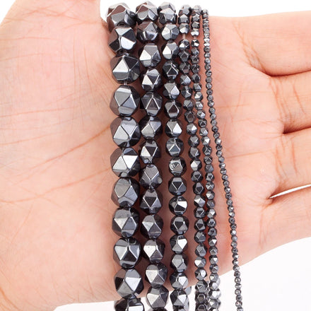 AsVrai U Natural AA+ Black Hematite Stone 24 Face Faceted Loose Spacer Beads for Jewelry Making Bracelet Handmade 15''