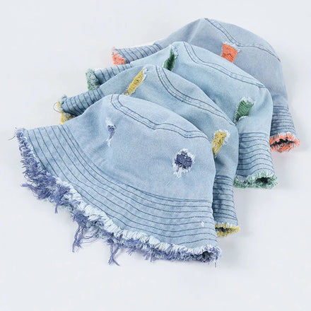 Summer Denim Distressed Ladies Summer Camp Hat Large Men Foldable Sun Cap Vintage Bucket Hat Custom logo
