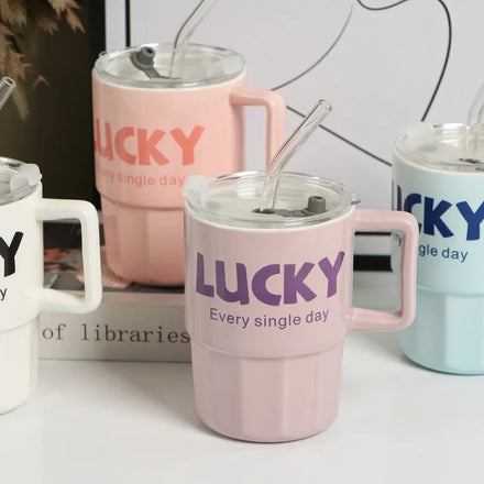 Colorful English Letters Lucky Mug with Lid Straw Handy Outdoor Coffee Mug