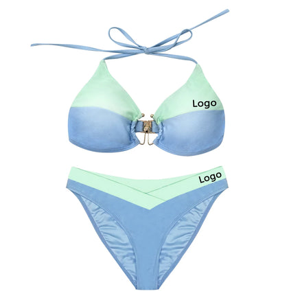 Custom Women's 2 Piece V-String Bikini Set with Leopard Print Spandex/Nylon Material
