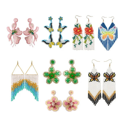 2025 Bohemian Vacation Style Flower Butterfly Lily Beads Earrings Women Blue Beads Waterfall Tassel Drop Earrings for Women