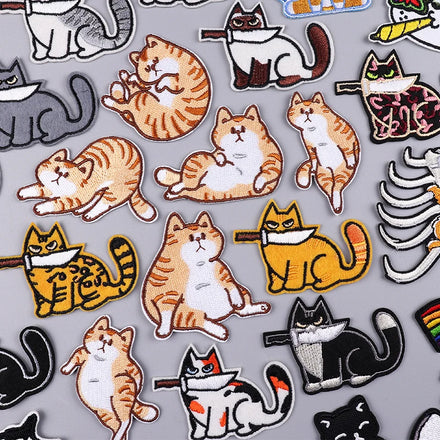 Funny Cat Embroidery Iron on Patches for Jeans Clothes DIY Cartoon Cat Applique Sew on Sticker Wholesale DIY Custom Factory