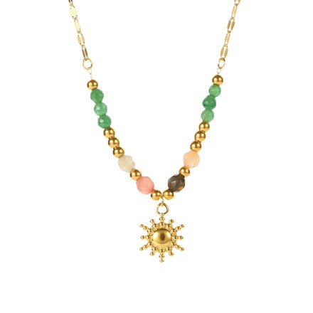 Fashion 18K PVD Plated Stainless Steel Sun Shape Pendant Necklace for Women Retro Handmade Colorful Natural Stone Beads Necklace