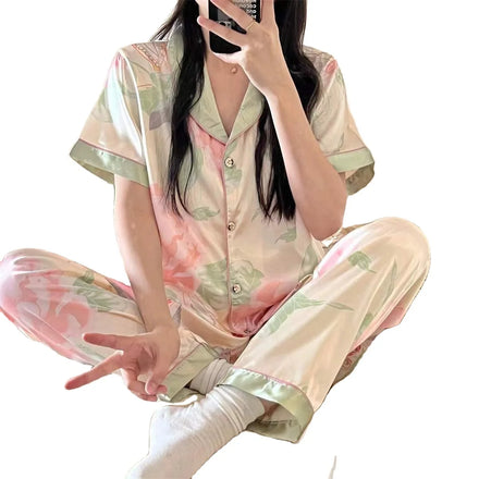 Sweet Design Drop-shipping Ice Silk Satin Short Sleeve Women's Sleepwear Asia Size M to 2XL Pajamas Sets