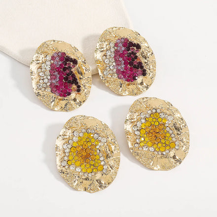 Statement Gold Plated Fold Geometric Earrings Jewelry Large Bling Rhinestone Oval Shaped Earrings for Women