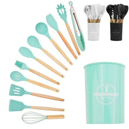 Professional Kitchen Tools Silicone Wood Cooking Utensils Set Home Appliance Eco-Friendly Dishwasher Safe Heat Resistant