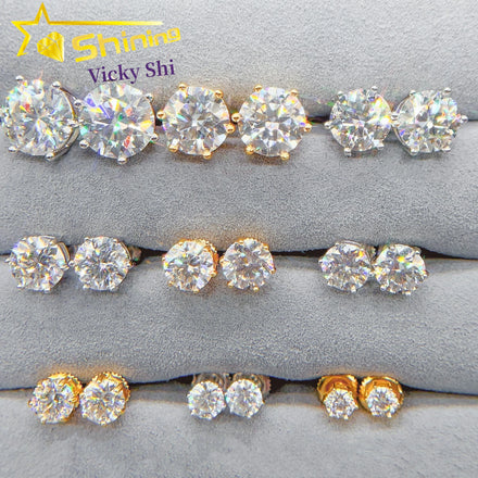 Pass Diamond Tester 925 Sterling Silver Classic 6 Prongs Round Moissanite Stud Earrings Screw Back Fine Women Earrings