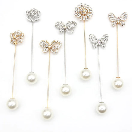 Fashion Metal Long Needle Crystal Rhinestone Flower Butterfly Pearl Lapel Pin One Line Brooch Jewelry