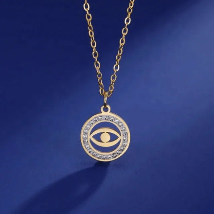 Lucky Evil Eye Clear Zircon Round Pendant Necklace Women Choker Turkish Stainless Steel Jewelry Gift
