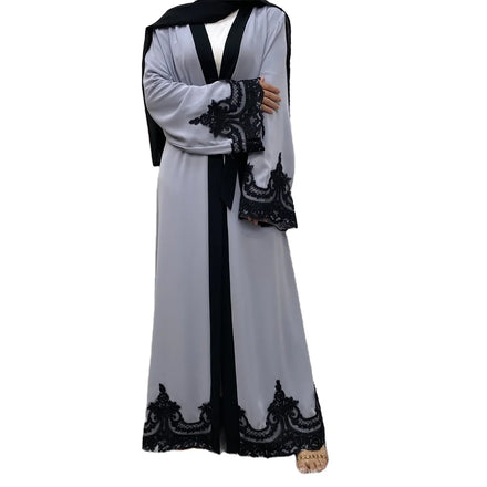 American Europe Muslim Women Modest Clothing Lace Border Tan Gray Color Fabric Abaya With Lace Sleeve