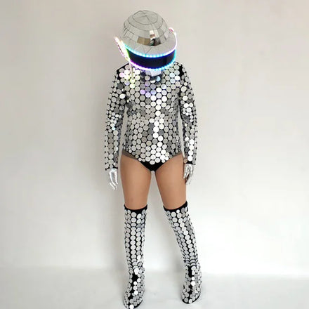 Support Customized New Performance Props Silver/gold Led Mirror Man Costume Suit Party Dress for Sale