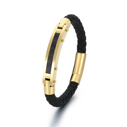 KALEN 215mm Vintage Gold/Silver/Black/Oxidized Black Stainless Steel&Woven Cowhide Bracelet