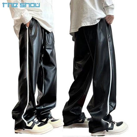 New Fashion Vintage Street Style Baggy High Waist Straight Stripe Pattern Sporty Drawstring Pockets Casual Leather Pants Men