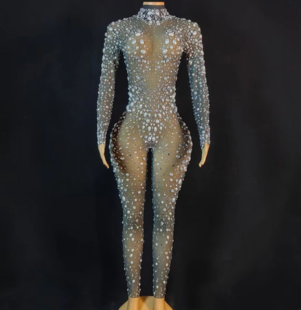 Fashion Perspective Pearls Sequin Rompers Female Show Party Outfits Dancer Leotard One Piece Bodysuit Women Rhinestone Jumpsuits